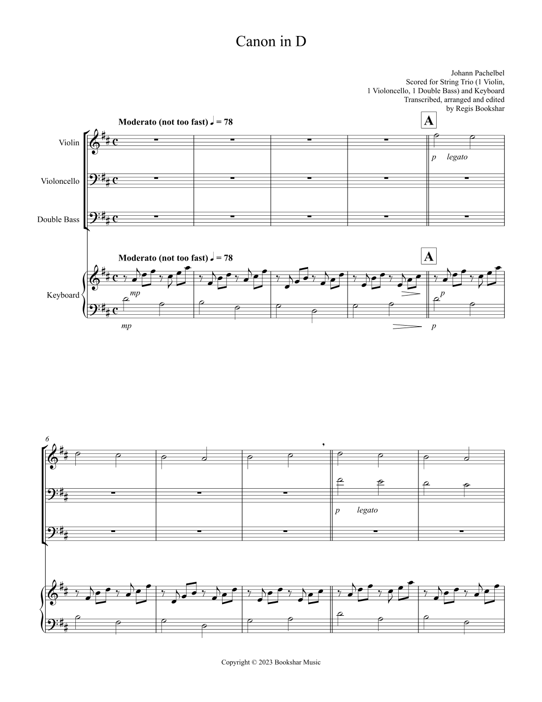 Canon in D (Pachelbel) (D) (String Trio - 1 Viola, 1 Cello, 1 Double Bass), Keyboard) (arr. Regis Bookshar)