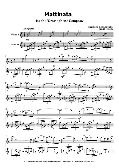 Ruggiero Leoncavallo. "Mattinata" C Major Flute Duet. Woodwind Duo. (arr. Glenn Martin)