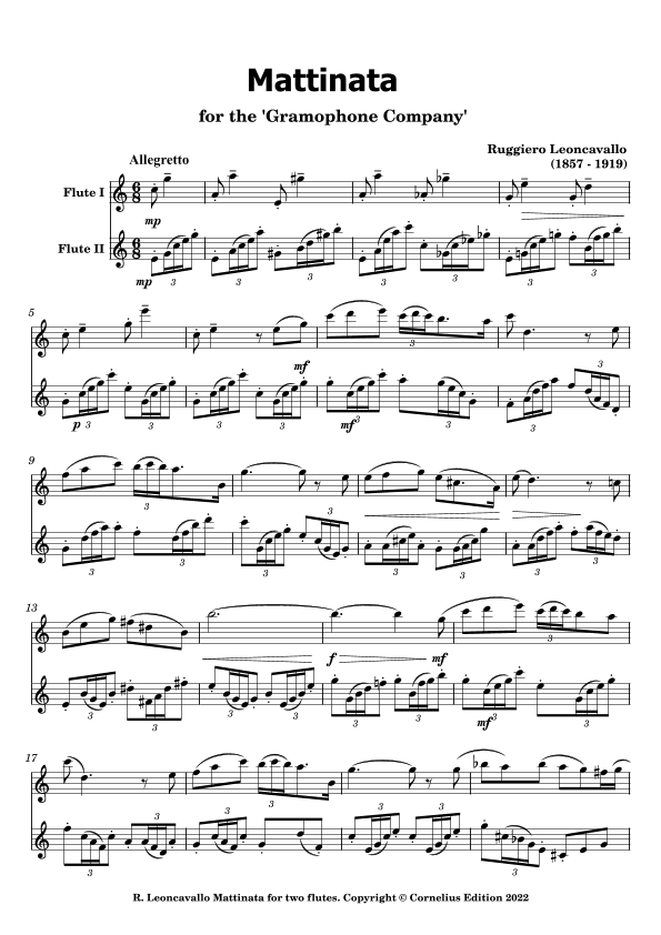 Ruggiero Leoncavallo. "Mattinata" C Major Flute Duet. Woodwind Duo. (arr. Glenn Martin)