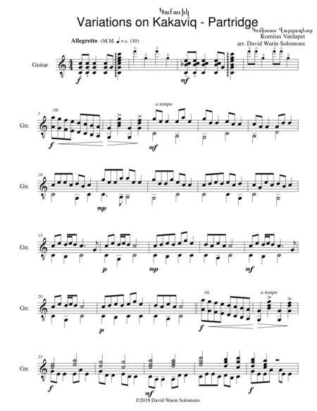 Variations on Կաքաւիկ - Kakaviq - Partridge - for guitar solo (arr. David Warin Solomons)