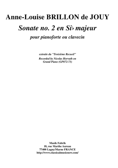 Anne-Louise Brillon de Jouy: Sonata no. 2 in Bb Major for piano or harpsichord (arr. Musik Fabrik Music Publishing)