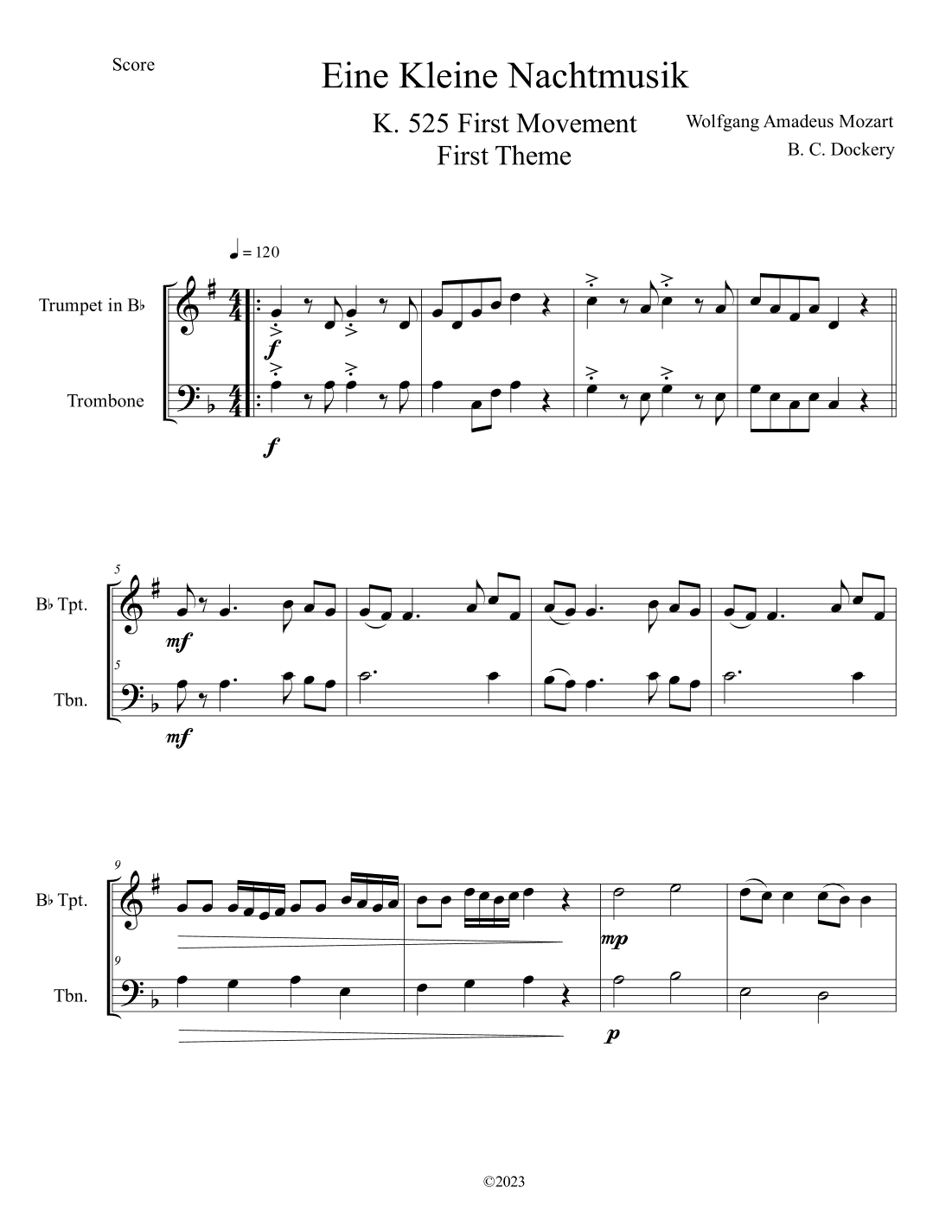 Eine Kleine Nachtmusik (A Little Night Music) for Trumpet and Trombone Duet (arr. B. C. Dockery)