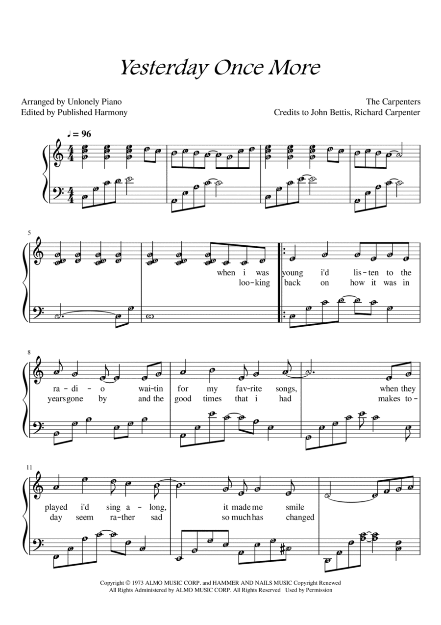 Yesterday Once More (arr. Unlonely Piano)
