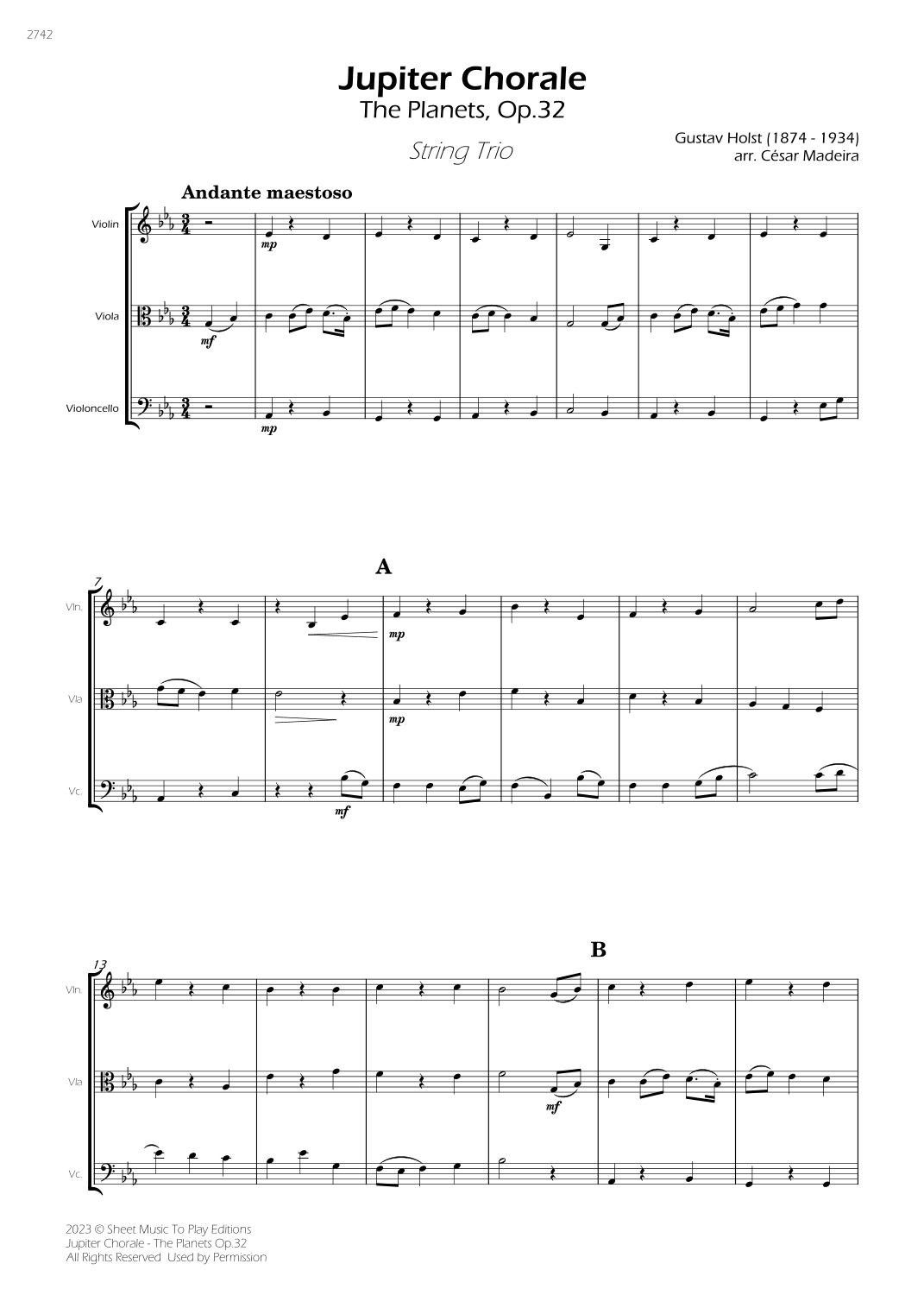 Jupiter Chorale from The Planets - String Trio (Full Score) - Score Only (arr. César Madeira)