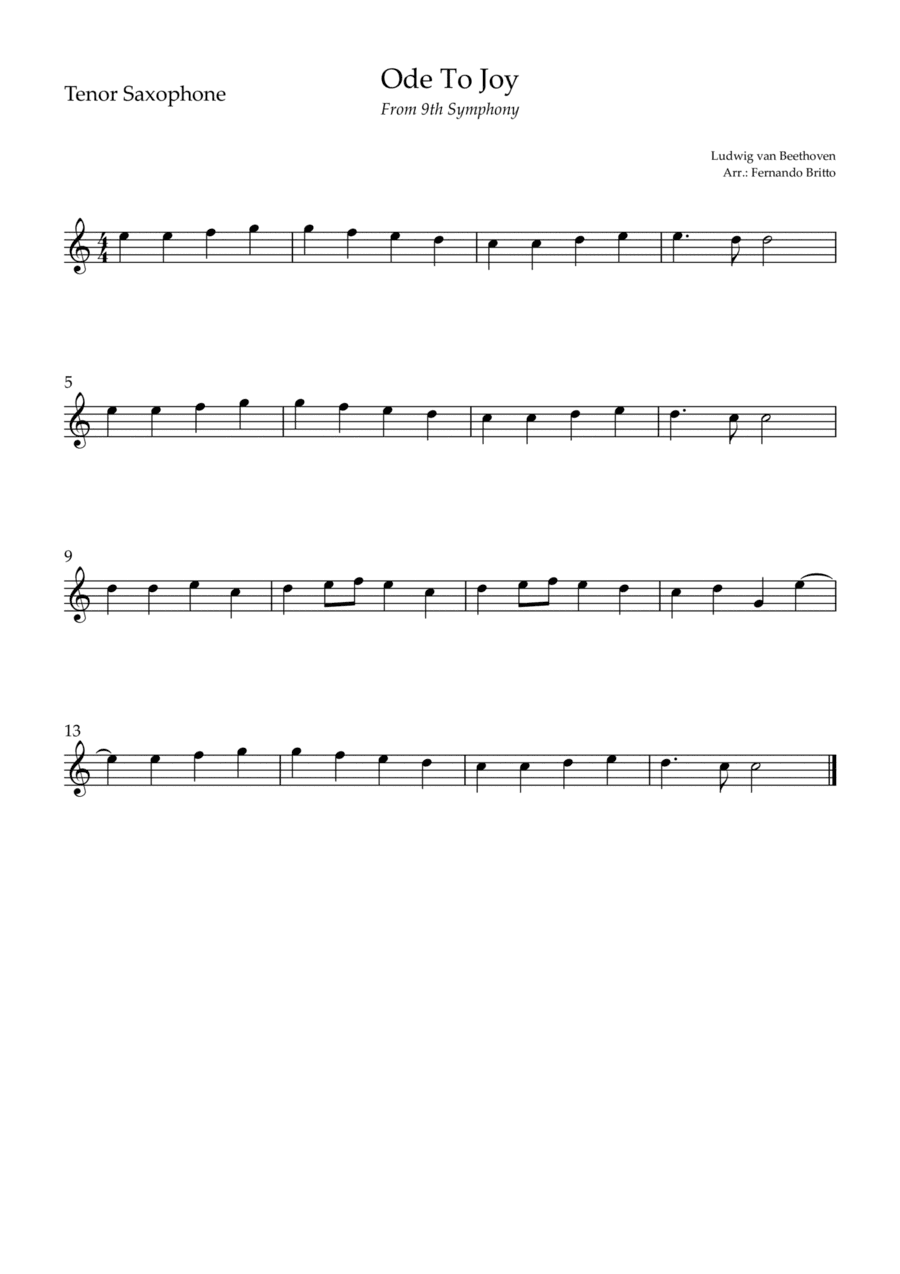 Ode To Joy (from Beethoven's 9th Symphony) for Tenor Saxophone Solo (arr. Fernando Britto)