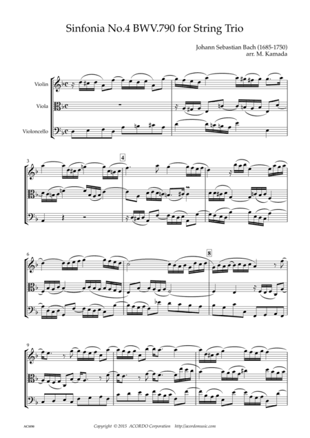 Sinfonia No.4 BWV.790 for String Trio (arr. Mikio Kamada)