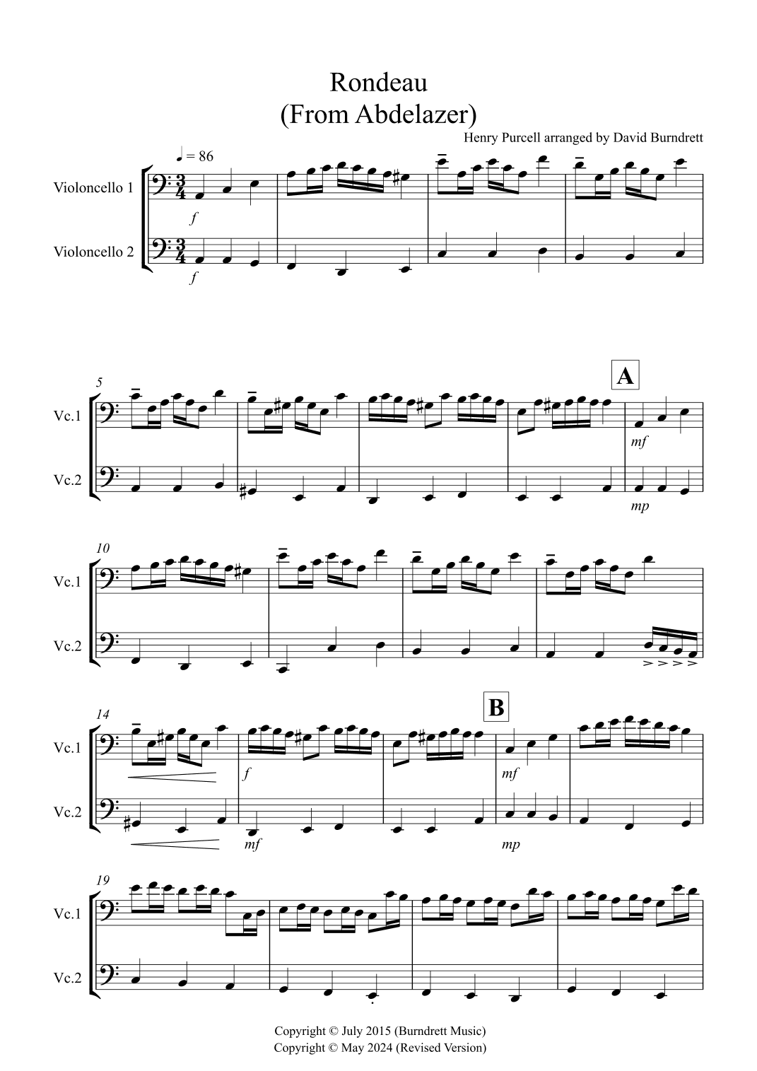Rondeau (from Abdelazer) for Cello Duet (arr. David Burndrett)