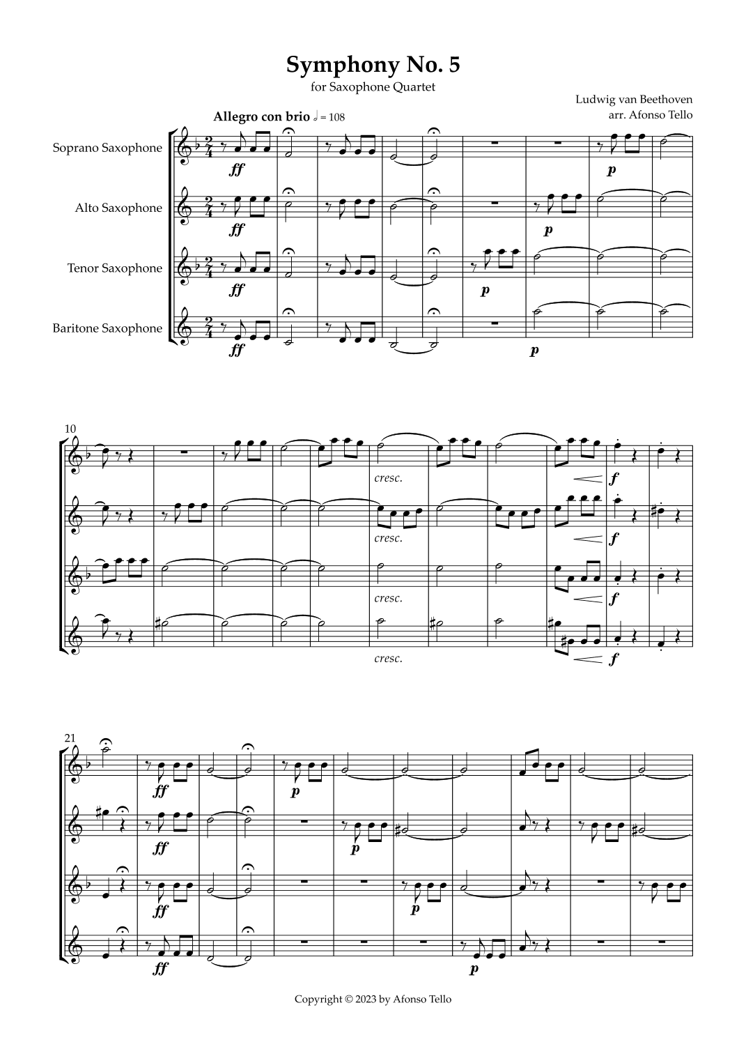 Symphony No. 5 'Fate' - 1st Movement - Saxophone Quartet (arr. Afonso Tello)