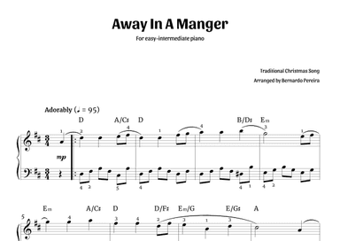 Away In A Manger (easy-intermediate piano in D major - with chords) (arr. Bernardo Pereira)