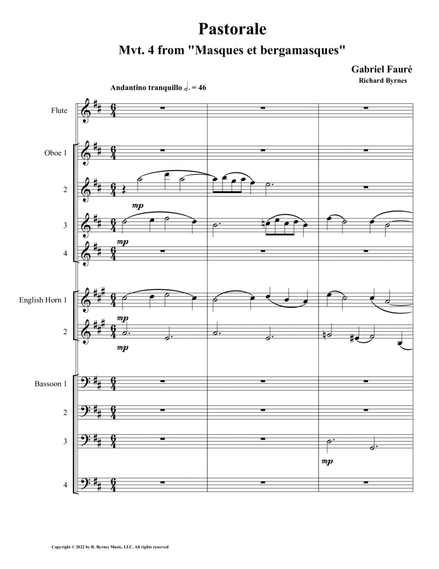 Pastorale from "Masques et Bergamasques", Op. 112 (Double Reed Choir + Flute) (arr. Richard Byrnes)