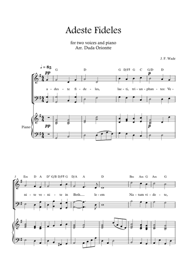 Adeste Fideles (two mixed voices - G major - 2 staffs - with piano - with chords) (arr. Duda Oriontte)
