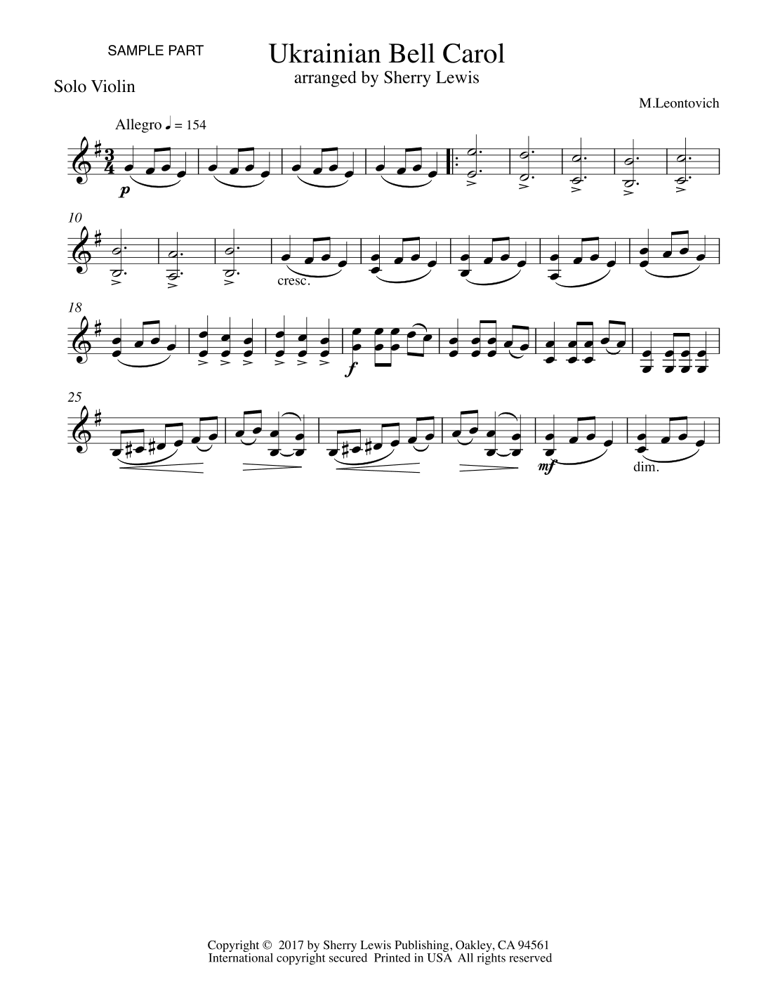 UKRAINIAN BELL CAROL (Carol of the Bells), Intermediate Level for Solo Violin (arr. Sherry Lewis)