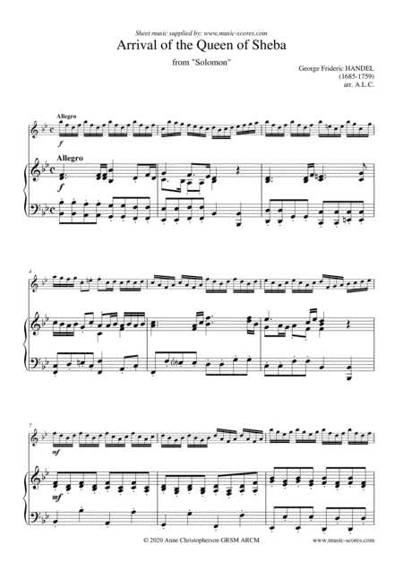 Arrival of the Queen of Sheba - Violin and Piano (arr. Anne L Christopherson GRSM ARCM)