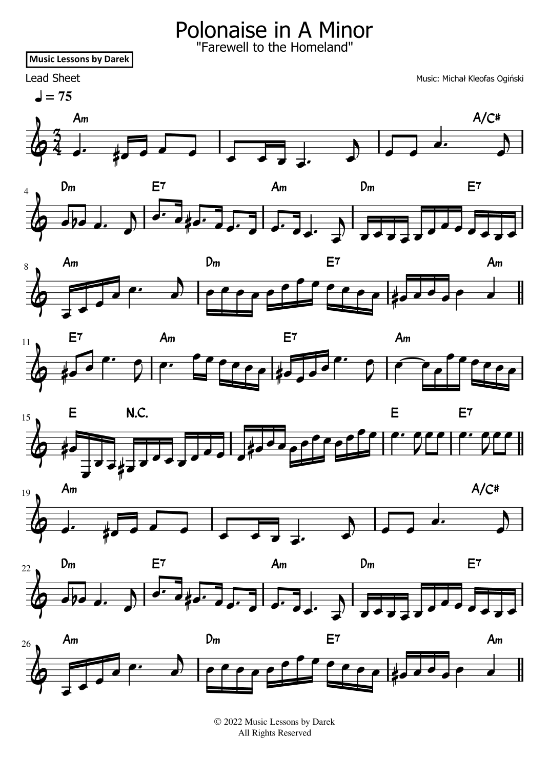 Polonaise in A Minor (LEAD SHEET) "Farewell to the Homeland" [Michal Kleofas Oginski] (arr. Darek)