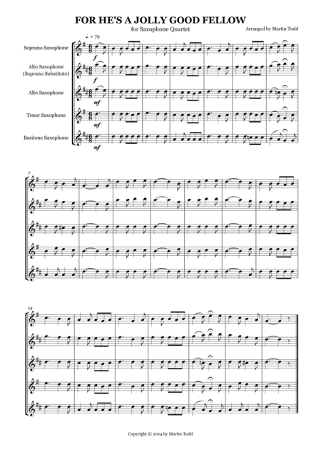 For He's A Jolly Good Fellow for Saxophone Quartet (arr. Martin Todd)
