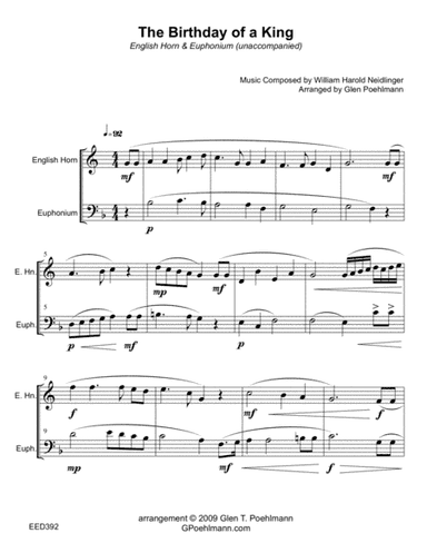 BIRTHDAY OF A KING - English Horn & Euphonium (Trombone) - unaccompanied Duet (arr. Glen Poehlmann)
