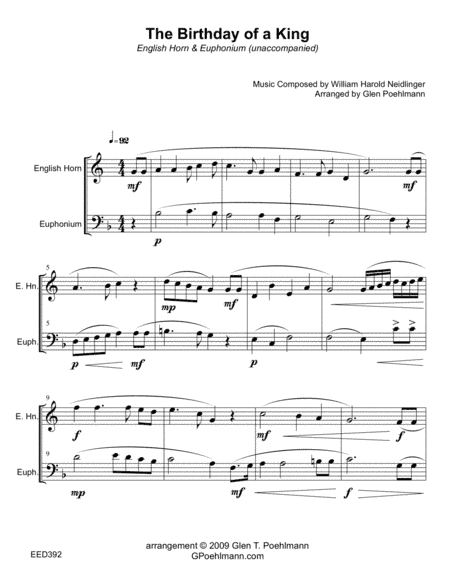 BIRTHDAY OF A KING - English Horn & Euphonium (Trombone) - unaccompanied Duet (arr. Glen Poehlmann)