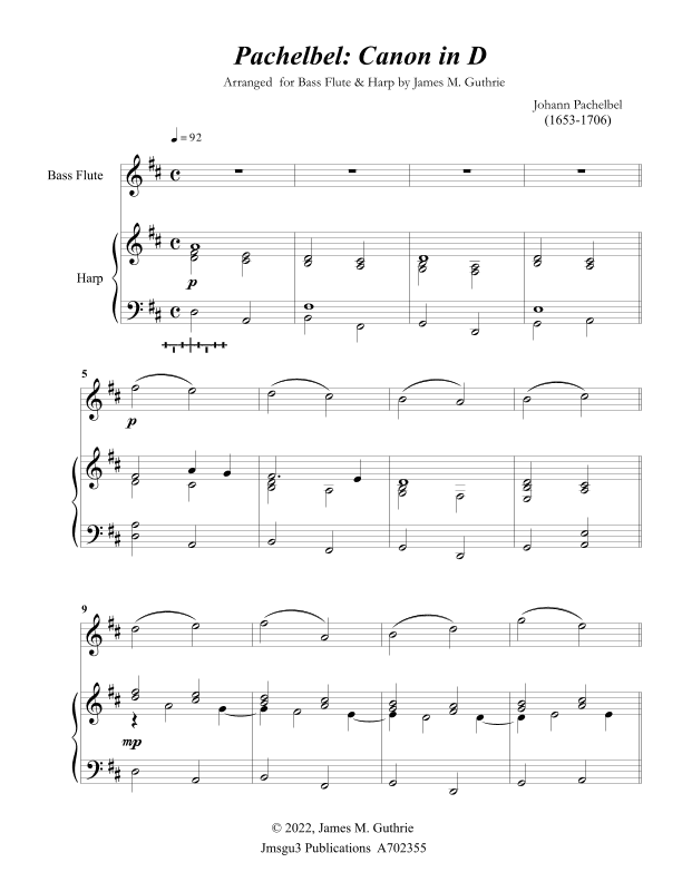 Pachelbel: Canon in D for Bass Flute & Harp (arr. James M. Guthrie)