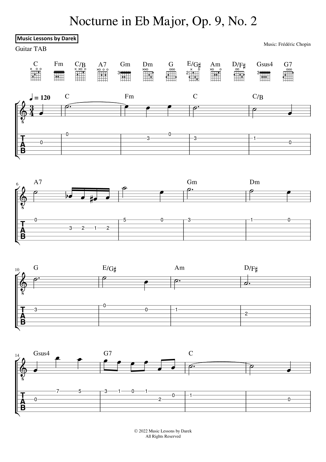 Nocturne in Eb Major, Op. 9, No. 2 (GUITAR TAB) [Frédéric Chopin] (arr. Darek)
