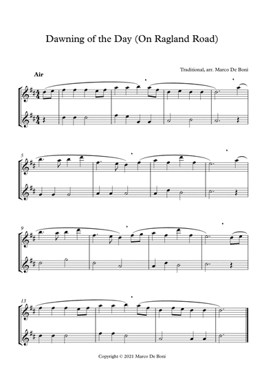 Dawning of the Day (trad. Irish air aka On Ragland Road), easy flute duet (arr. Marco De Boni)