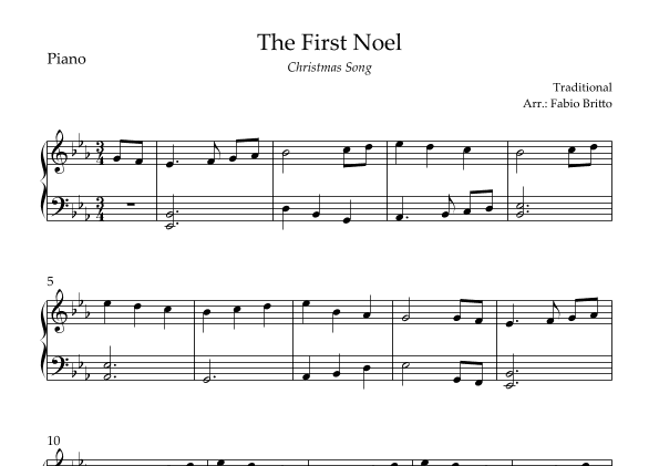 The First Noel (Christmas Song) for Easy Piano Solo in Eb Major (arr. Fabio Britto)