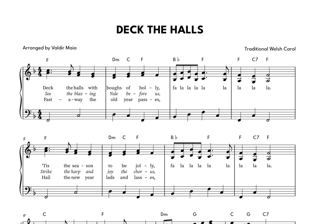 Deck The Halls - Piano in F Major (Chords and Lyrics) (arr. Valdir Maia)