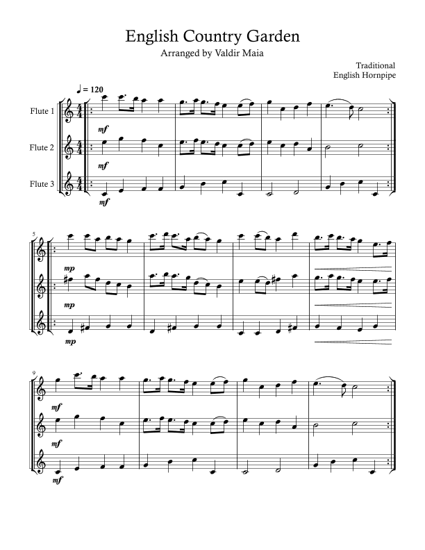 English Country Garden - Flute Trio or Ensemble (arr. Valdir Maia)