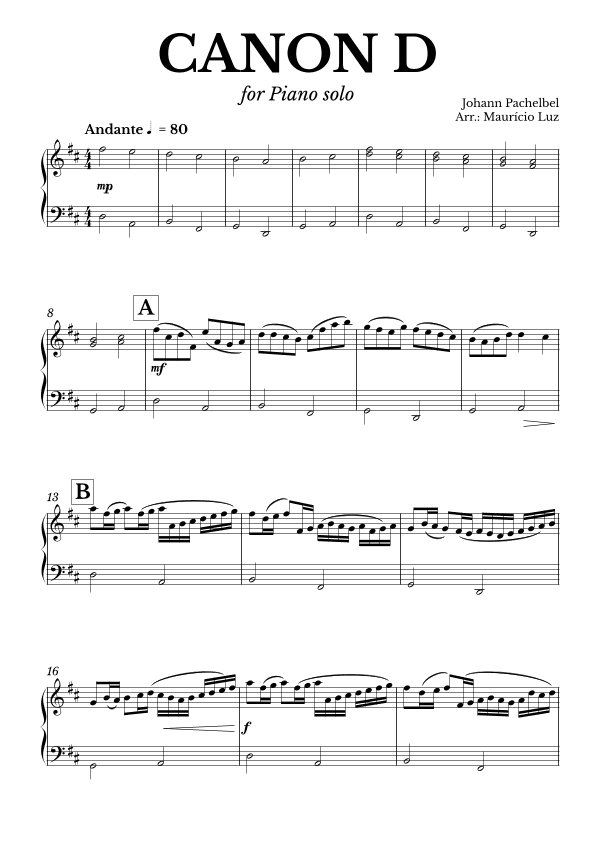 Canon in D for Piano solo easy version (arr. Mauricio Luz)