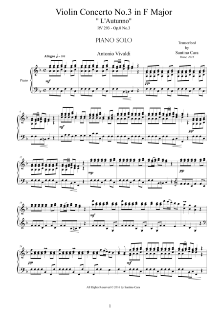 Vivaldi - Violin Concerto No.3 in F Major 'L'autunno', RV 293 - Piano solo (arr. Santino Cara)