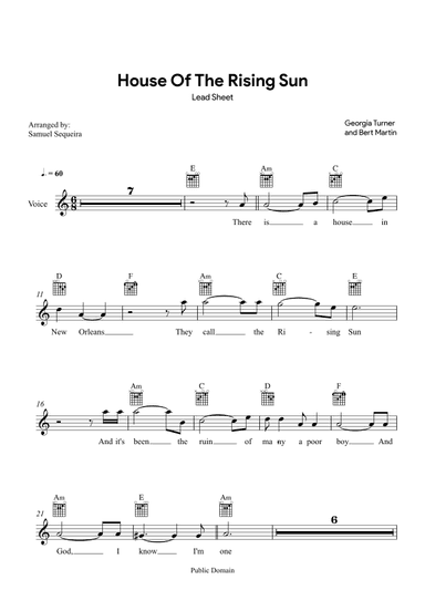 House of the Rising Sun - Lead Sheet - with play along (arr. Samuel Sequeira)