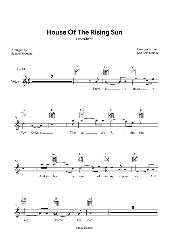 House of the Rising Sun - Lead Sheet - with play along (arr. Samuel Sequeira)