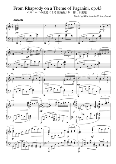 "Vasil'evich:Rapsodie sur un thème de Paganini Op.43 pour Piano et Orchestre" (Cdur) (arr. pfkaori)