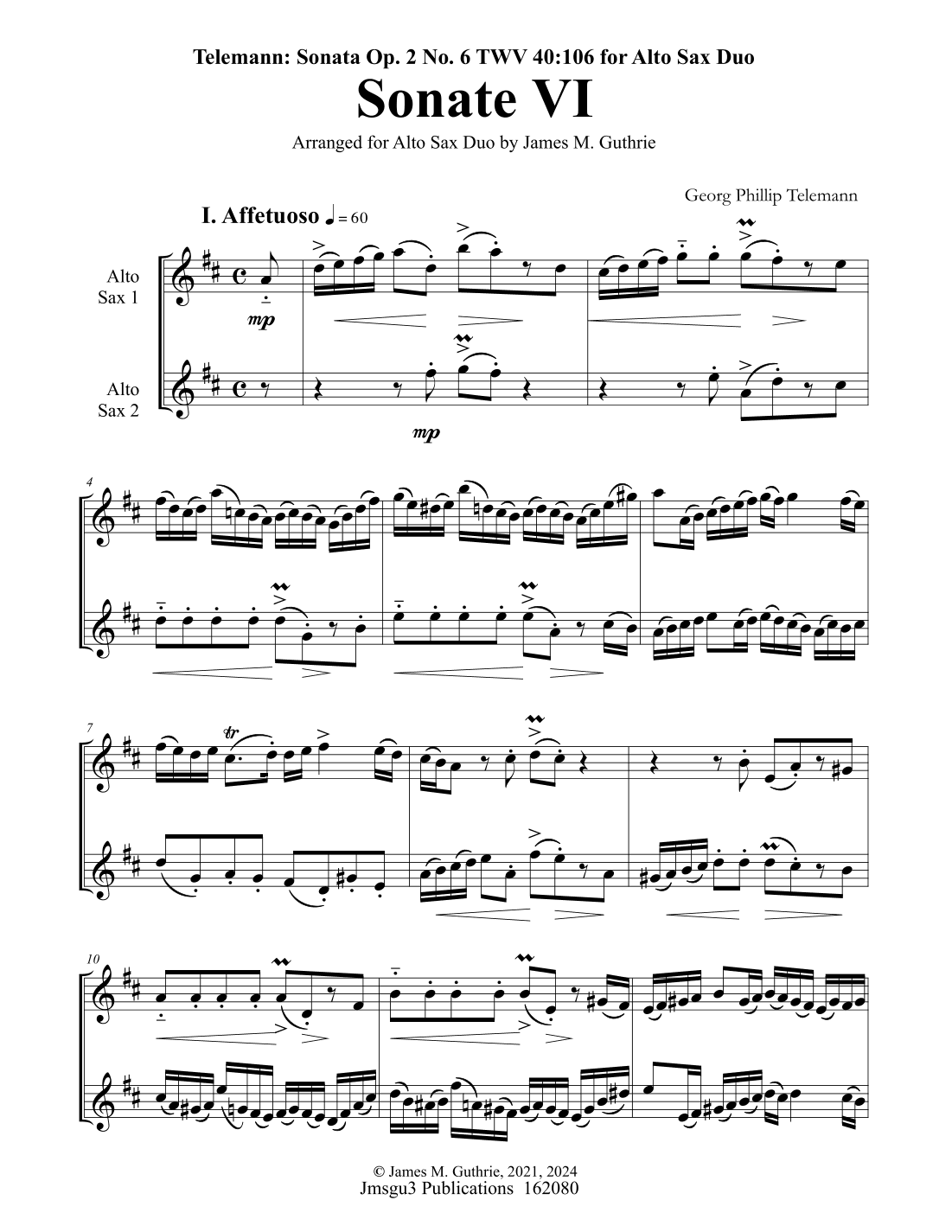 Telemann: Sonata Op. 2 No. 6 for Alto Sax Duo (arr. James M. Guthrie)