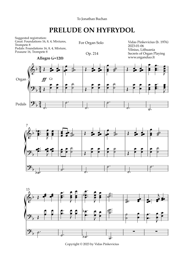 Prelude on Hyfrydol, Op. 214 (Organ Solo) by Vidas Pinkevicius