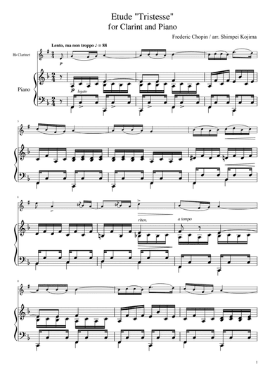 Chopin : Etude "Tristesse" for Clarinet and Piano (arr. Shimpei Kojima)