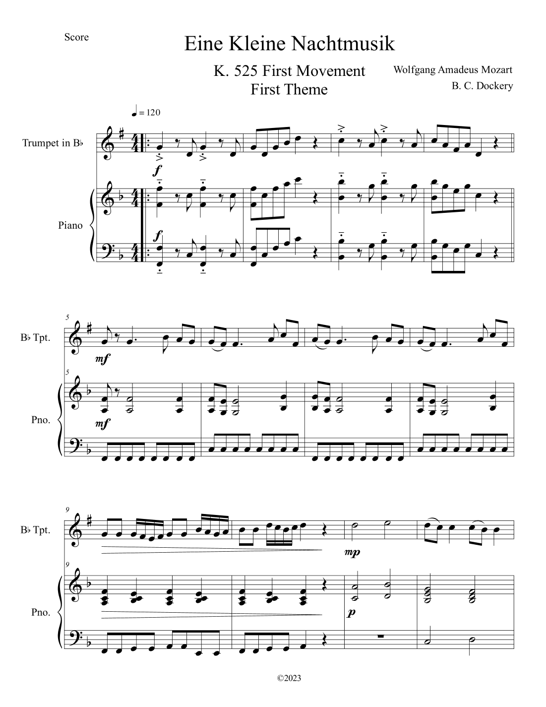 Eine Kleine Nachtmusik (A Little Night Music) for Trumpet Solo with Piano Accompaniment (arr. B. C. Dockery)