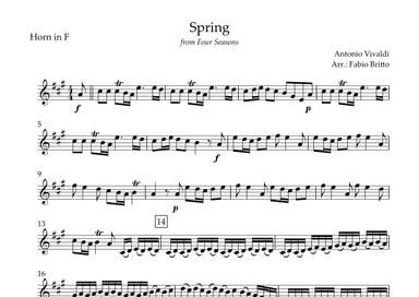 Spring (from Four Seasons of Antonio Vivaldi) for Horn in F Solo (arr. Fabio Britto)