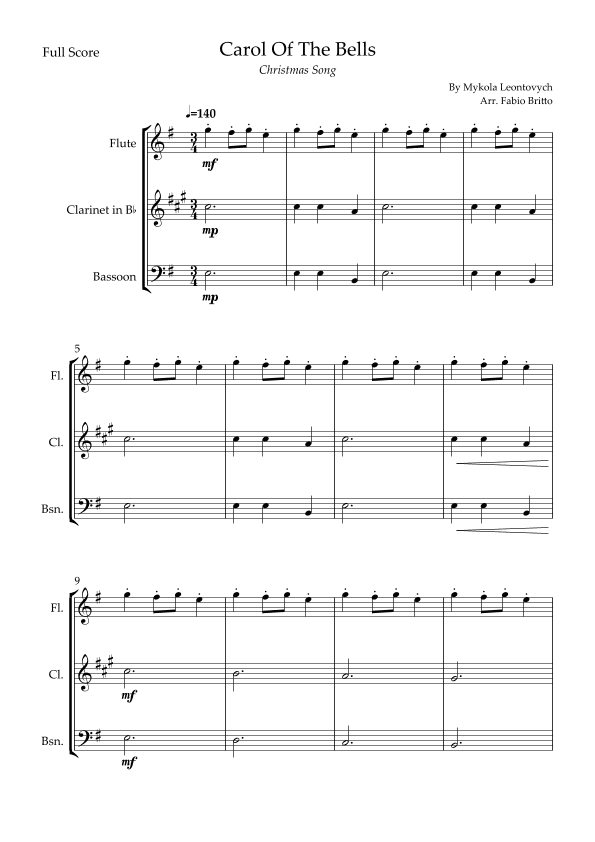 Carol Of The Bells (Christmas Song) for Woodwind Trio (arr. Fabio Britto)
