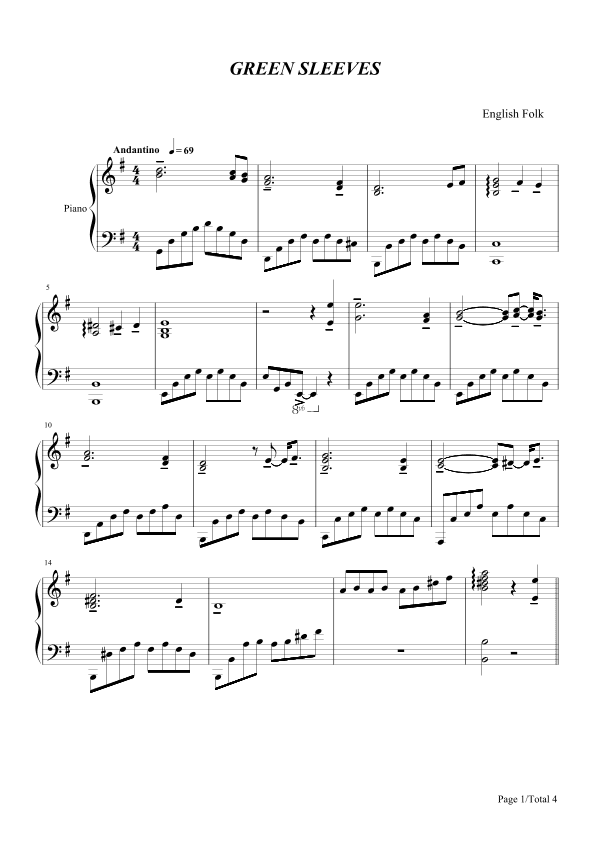 Green Sleeves,Piano Solo Sheet,G Major,English Folk (arr. poon)