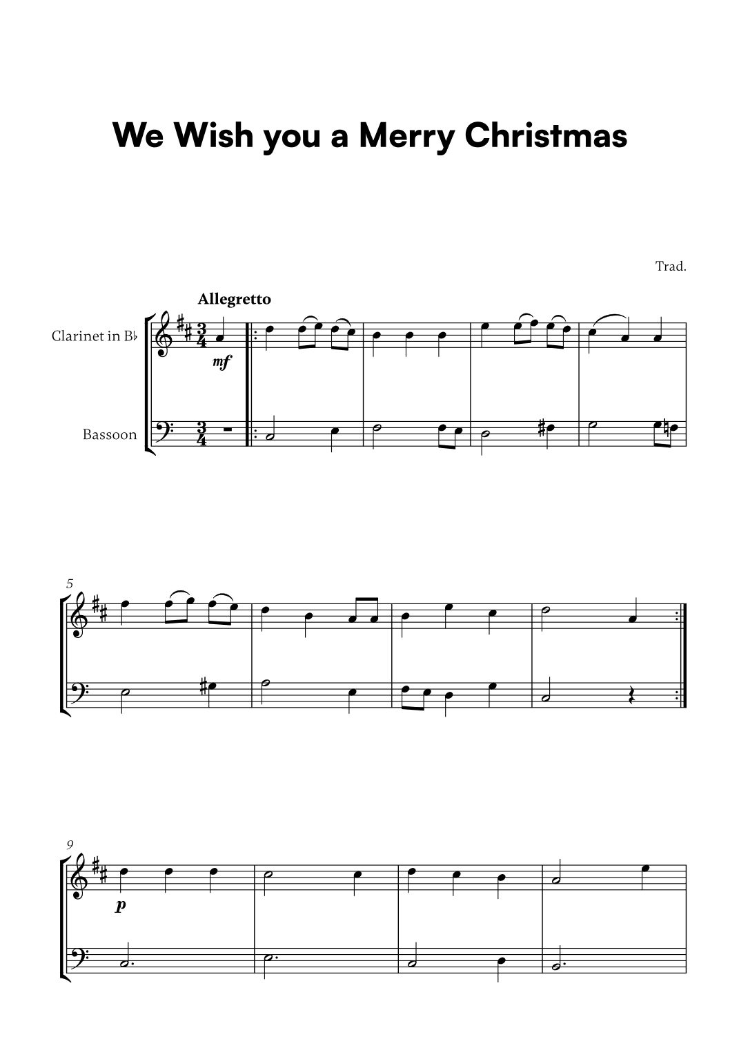 Trad. - We Wish you a Merry Christmas (for Clarinet and Bassoon) (arr. Cadenza Editions)