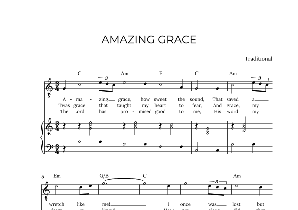 AMAZING GRACE - for piano and tenor in C major with chords (arr. Alex Nunes Rodrigues)