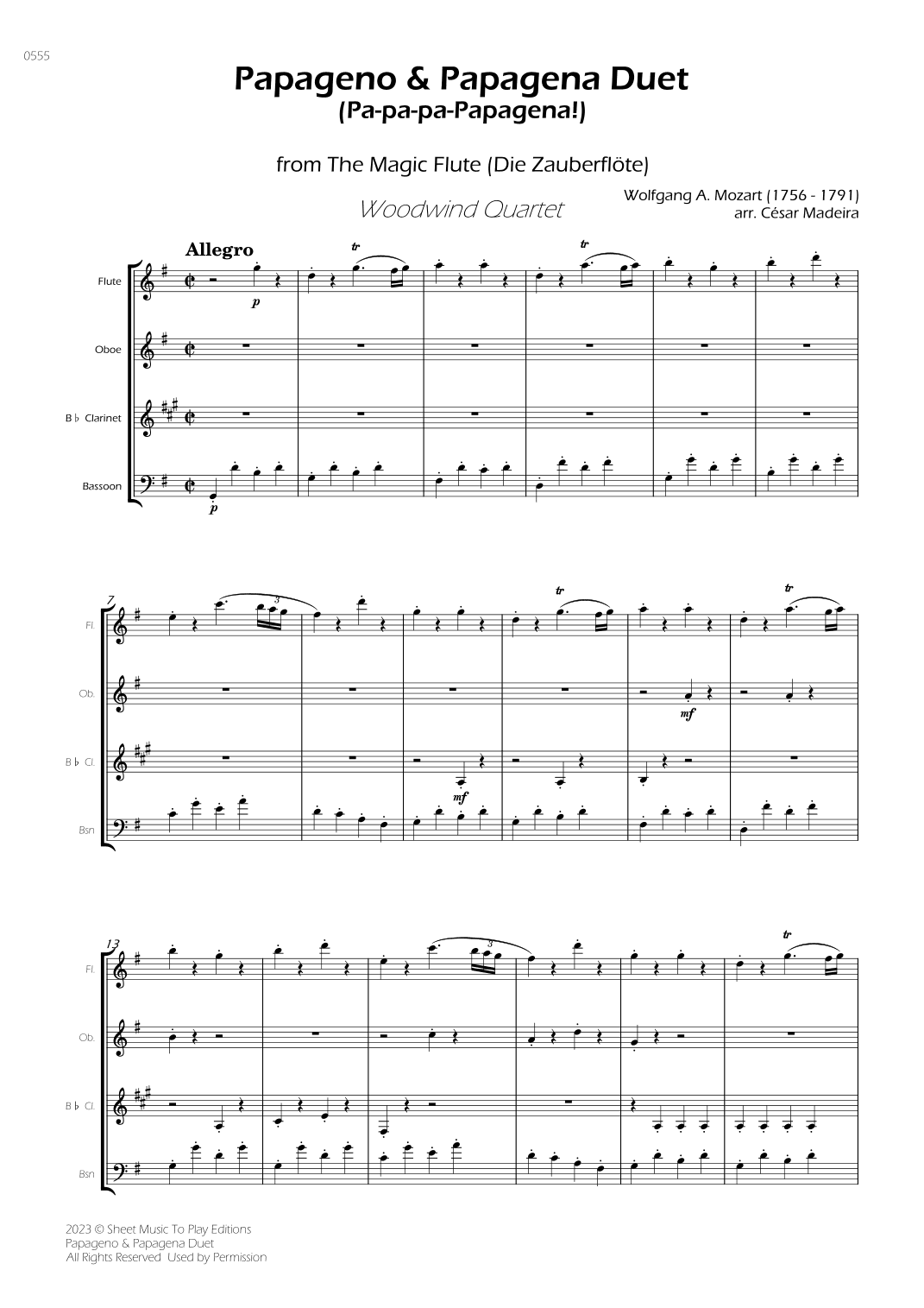 Papageno and Papagena Duet - Woodwind Quartet (Full Score) - Score Only (arr. César Madeira)