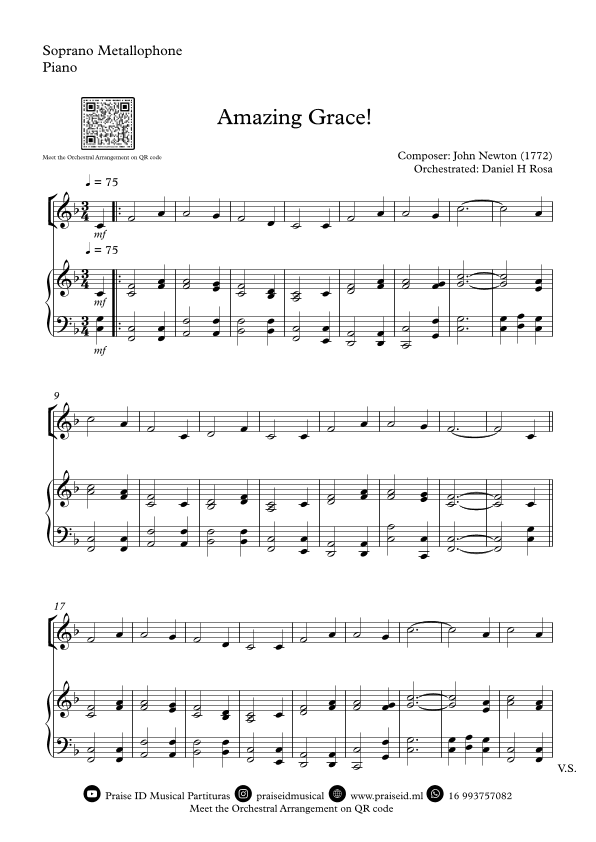 Amazing Grace How Sweet the sound - Easy Soprano Metallophone and Piano (arr. Daniel H Rosa)