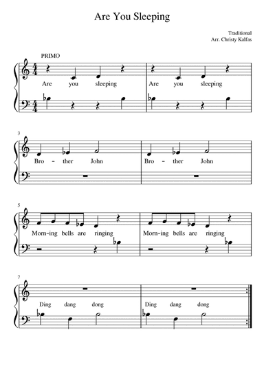 Are You Sleeping - easy piano duet (5 finger middle C position) (arr. Christy Kalfas)
