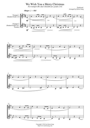 We Wish You A Merry Christmas (for trumpet (Bb) duet, suitable for grades 2-6) (arr. Edwin Sung)