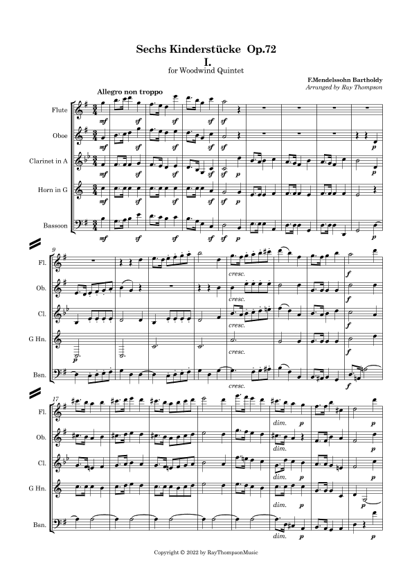 Mendelssohn: Sechs Kinderstücke (6 Christmas Pieces) Op.72 No.1 of 6 Allegro  - wind quintet (arr. Ray Thompson)