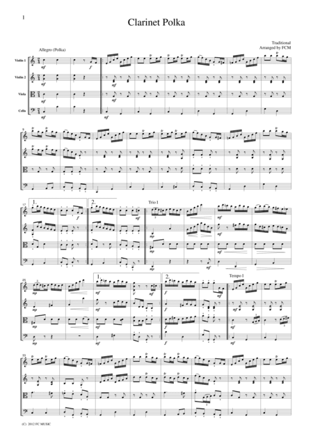 Clarinet Polka, for string quartet, JM005 (arr. FCMUSIC)