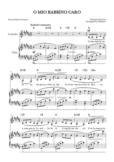 O Mio Babbino Caro | Female Voice Contralto | B Major | Piano accompaniment | Pedal | Chords (arr. Milanov)