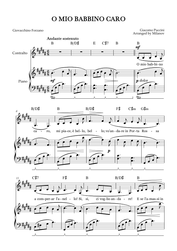 O Mio Babbino Caro | Female Voice Contralto | B Major | Piano accompaniment | Pedal | Chords (arr. Milanov)