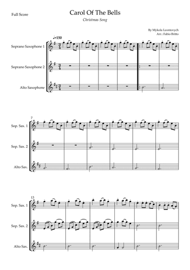 Carol Of The Bells (Christmas Song) for Saxophone Trio (D Minor) (arr. Fabio Britto)